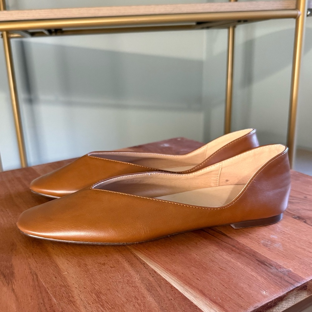Camel Square Toe Leather Flats